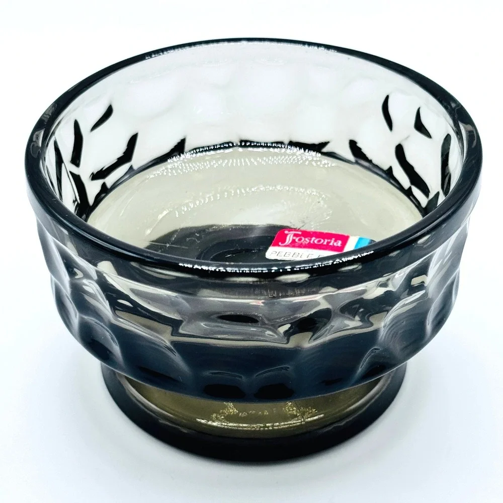 Fostoria Pebble Beach Smoke Gray Glass Pedestal‎ Dessert Bowl Thumbprint Sticker